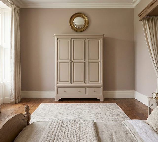 Discover the Mabel 3-door wardrobe. Featuring a robust structure, elegant taupe painted finish, silver handles, and gorgeous curves for practical luxury storage at the furniture store ni