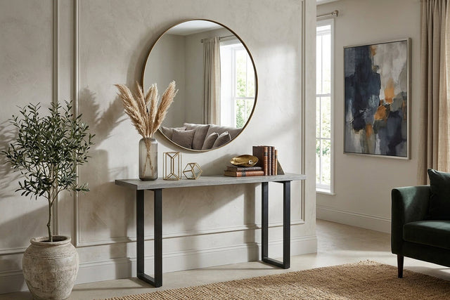 brooklyn grey oak console table showcasing its 130cm wide grey timber top, dark industrial framing, and clean architectural silhouette at the furniture store ni