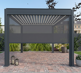 Textilene privacy screen pulled down on a Nova Titan pergola, creating a secluded and sheltered outdoor living space at furniture store ni