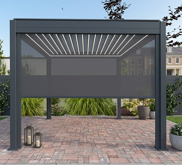 Textilene privacy screen pulled down on a Nova Titan pergola, creating a secluded and sheltered outdoor living space at furniture store ni