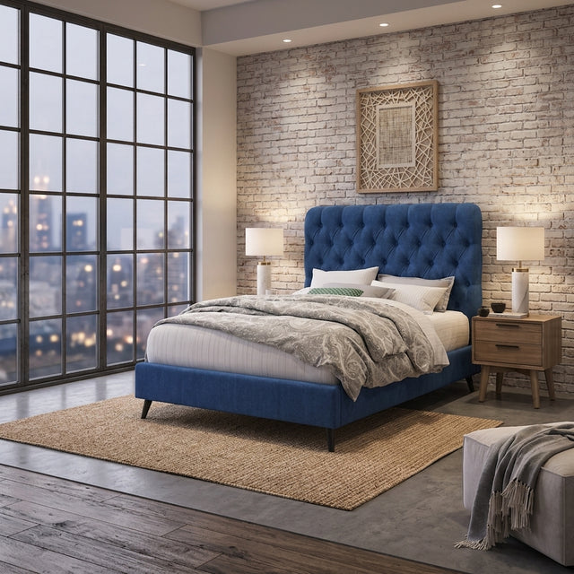 Penelope upholstered bedframe showcasing its cushioned, button-studded headboard and low-profile frame in a stylish contemporary bedroom at the furniture store ni