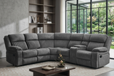 morgan Gray sectional sofa in a living room with a bookshelf and large window view at the furniture store ni