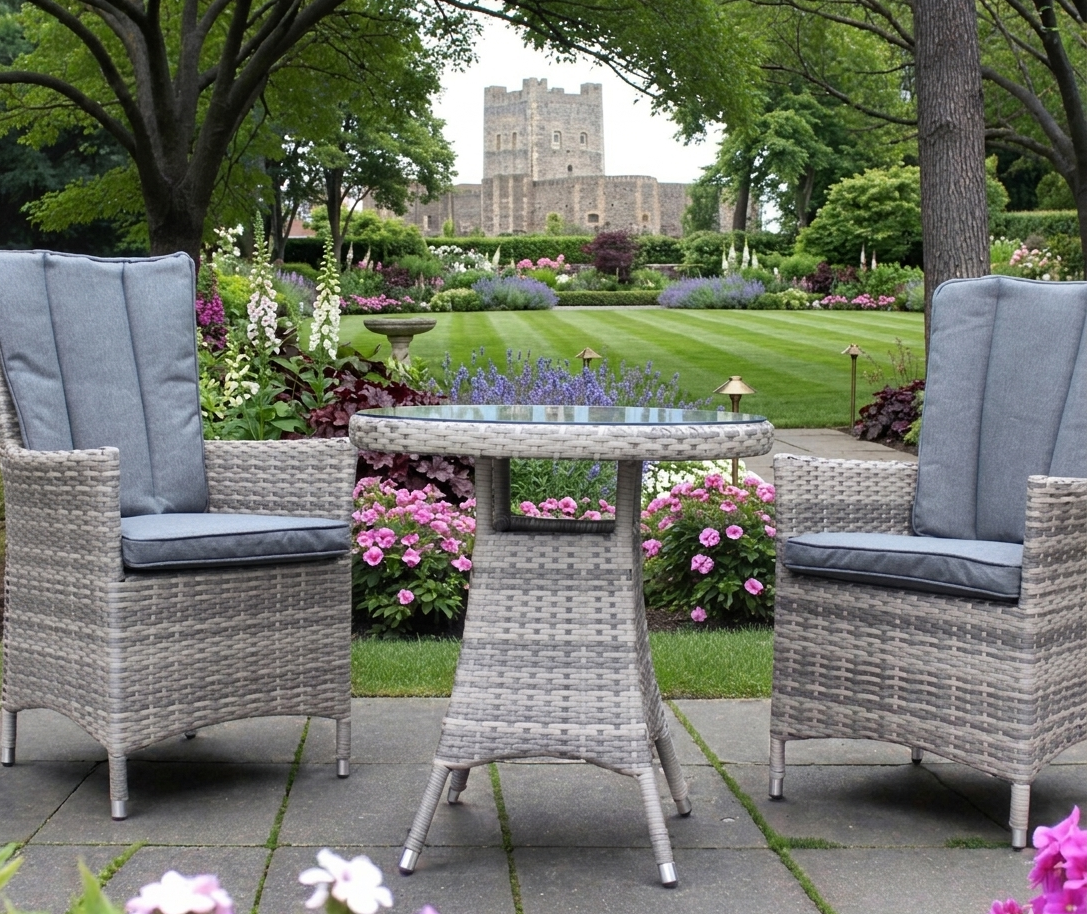 Palma garden bistro set for two, featuring woven rattan chairs with neutral cushions and a glass-top bistro table on a patio at furniture store ni