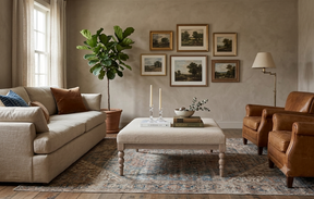 Artisan square oak coffee table showcasing its exquisite hand-crafted bobbin turned legs, premium lime wash finish, and a luxurious biscuit-coloured upholstered top at the furniture store ni