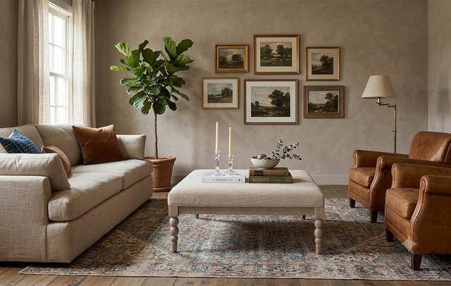 Artisan square oak coffee table showcasing its exquisite hand-crafted bobbin turned legs, premium lime wash finish, and a luxurious biscuit-coloured upholstered top at the furniture store ni