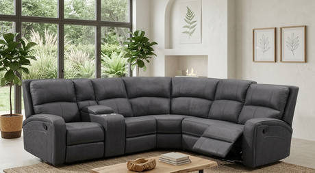 Silverton 6-piece corner recliner suite in dark grey fabric with drop-down console at furniture store ni