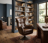 Bristol contemporary swivel chair upholstered in rich brown leather, showcasing its smart pinch-pleated backrest and elegant bronzed metal base.t the furniture store ni