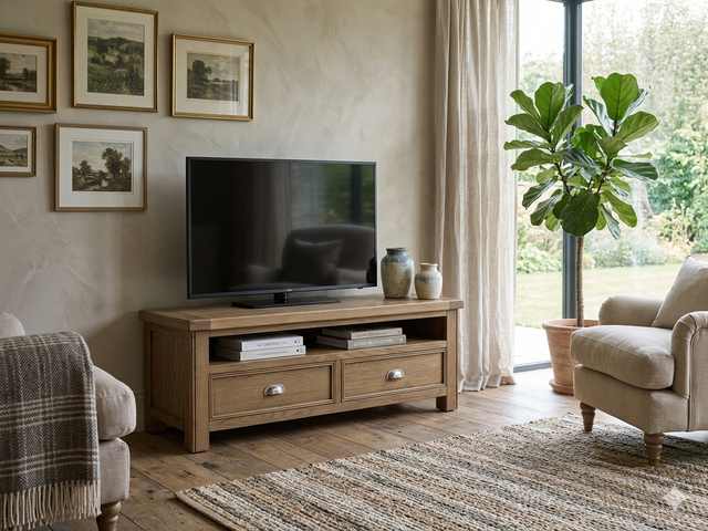Hardwick large oak media unit showcasing its warm natural wood grain finish, robust solid construction, open device console, and two drawers with chic metal handles at the furniture store ni