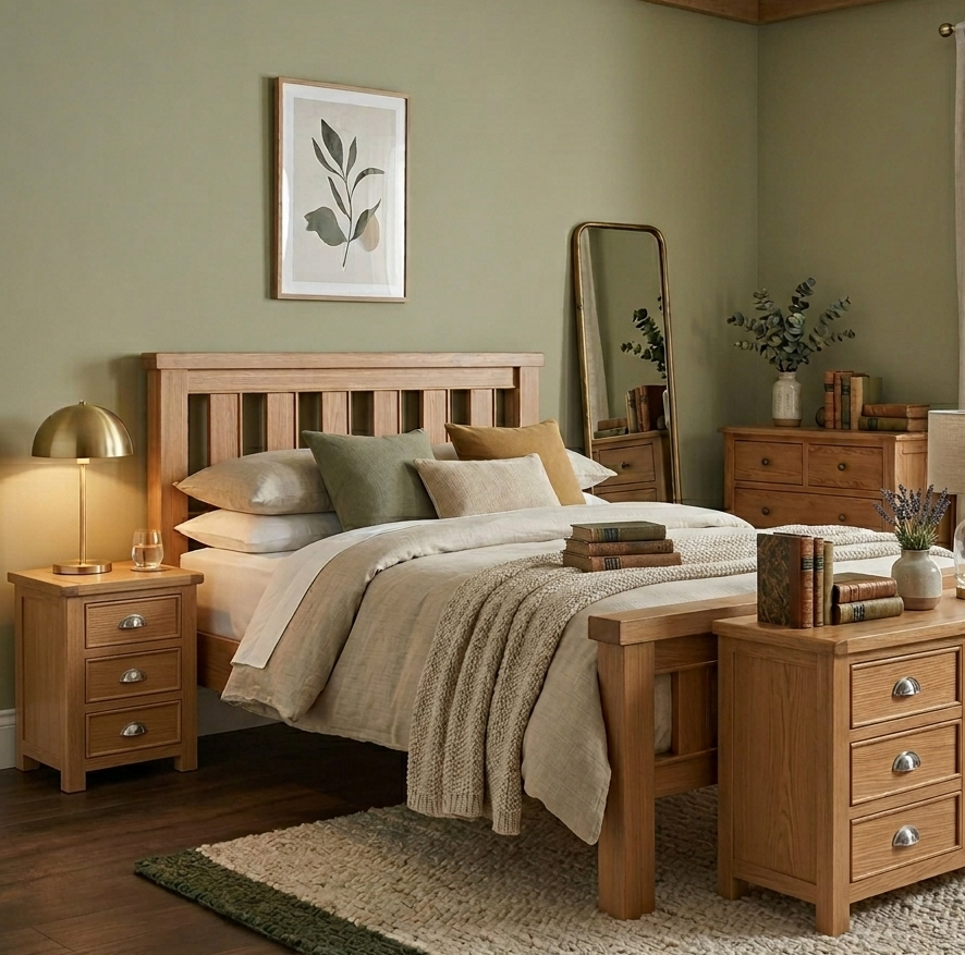 Newbury Wooden bedroom set with bed, nightstands, and dresser in a room with green walls at furniture store ni