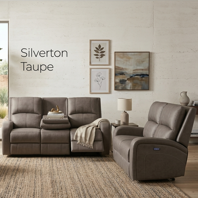 Silverton 3+1+1 electric recliner suite in taupe fabric, including 3-seater with console and 2 seater at the furniture store ni