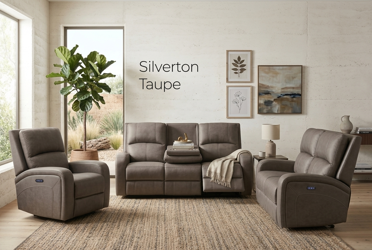Gray reclining sofa set in a living room, Silverton suite at the furniture store ni