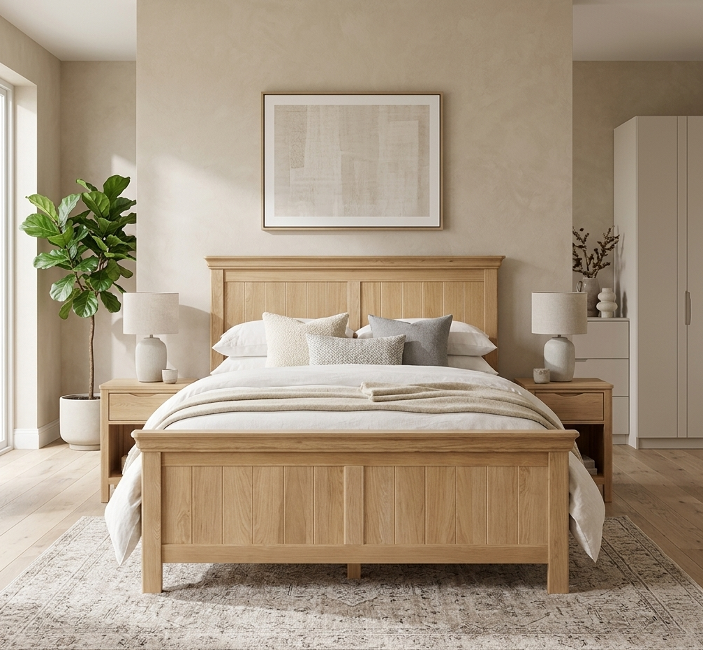 Oslo oak bed frame in a light oak finish, showcasing its thick tiered-top headboard and robust plinth base design. furniture store ni