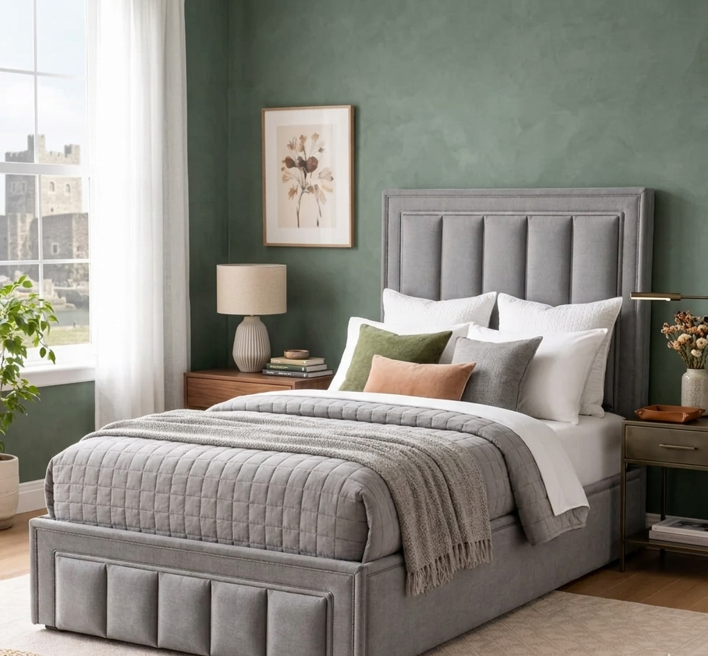 Amelia 4ft6 double storage bed in dark grey fabric, showcasing unique rope margin accents and the ottoman gas-lift base at the furniture store ni