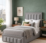 Amelia 4ft6 double storage bed in dark grey fabric, showcasing unique rope margin accents and the ottoman gas-lift base at the furniture store ni