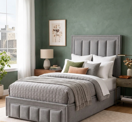 Amelia 4ft6 double storage bed in dark grey fabric, showcasing unique rope margin accents and the ottoman gas-lift base at the furniture store ni