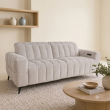 Samson 3-seater power recliner sofa upholstered in rich woven beige fabric, showing its modern 2-over-2 design in a clean living room setting.