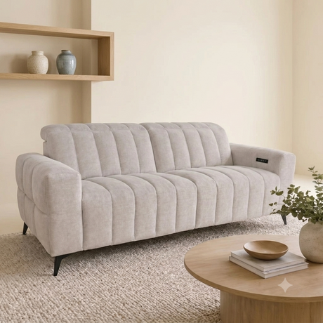 Samson 3-seater power recliner sofa upholstered in rich woven beige fabric, showing its modern 2-over-2 design in a clean living room setting.