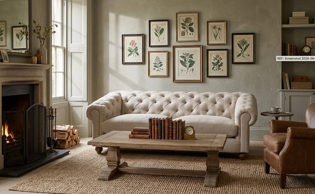 Modern 3-seater Chesterfield sofa showcasing its deep-buttoned back, elegant scrolled arms, and gracefully contoured silhouette sitting on solid ash legs willow dusty at the furniture store ni