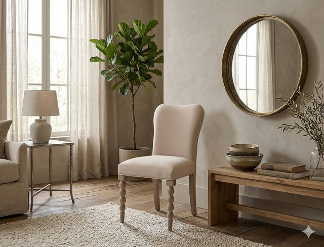 Pair of Artisan dining chairs showcasing their exquisite hand-crafted bobbin turned front legs, premium lime wash finish, and luxurious biscuit-coloured upholstered seats at the furniture store ni