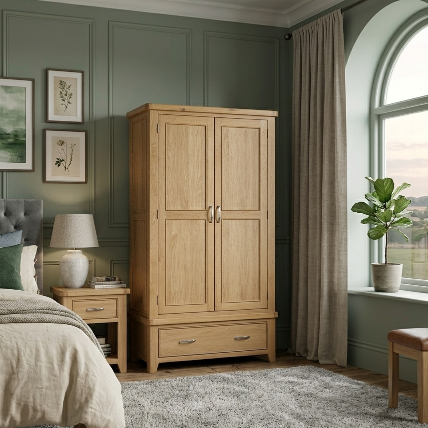 Sligo oak Wooden wardrobe in a bedroom with a bed, nightstand, and window at furniture store ni.