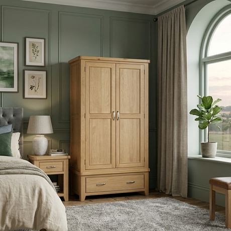 Sligo oak Wooden wardrobe in a bedroom with a bed, nightstand, and window at furniture store ni.