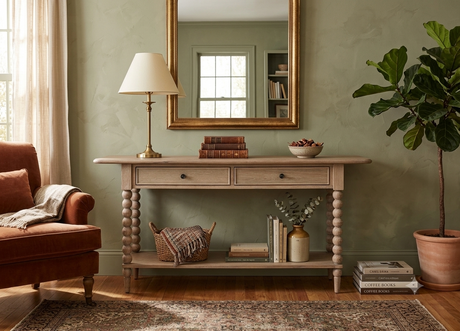 Artisan 2-drawer console table showcasing its exquisite hand-crafted bobbin turned legs, premium oak wood grain, and a subtle lime wash finish at the furniture store ni