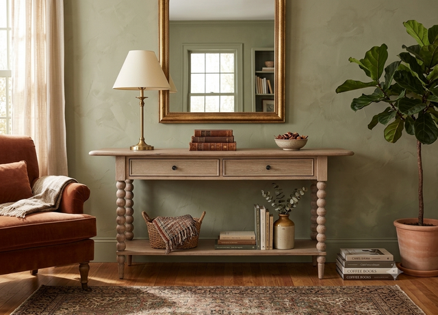 Artisan 2-drawer console table showcasing its exquisite hand-crafted bobbin turned legs, premium oak wood grain, and a subtle lime wash finish at the furniture store ni