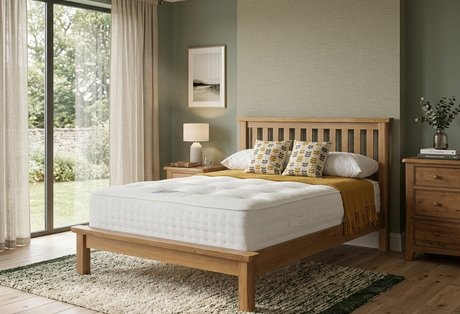Wooden bed with white mattress in a bedroom setting at furniture store ni