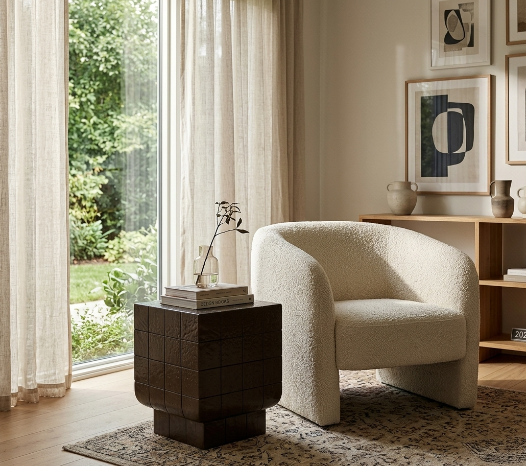Novara contemporary side table crafted from charcoal brown glazed glass concrete, showcasing its compact block profile and retro faux tile surface pattern at the furniture store ni