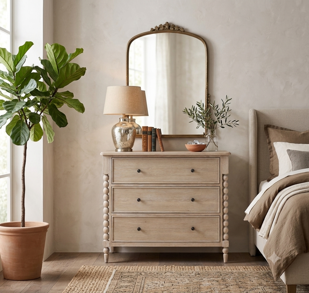 Artisan 3-drawer medium chest showcasing its exquisite hand-crafted bobbin turned frame details, premium oak wood grain, and a subtle lime wash finish at the furniture store ni