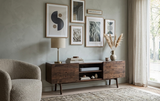 Elevate your lounge with the Barcelona media cabinet. Features an exquisite marble top, mid-century modern styling, two storage cupboards, and an open media section at the furniture store ni