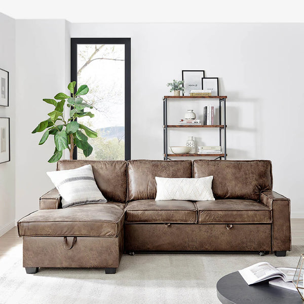 Havar corner sofa in luxurious, dark Leather Aire fabric, styled in a contemporary, clean living room setting at the furniture store ni