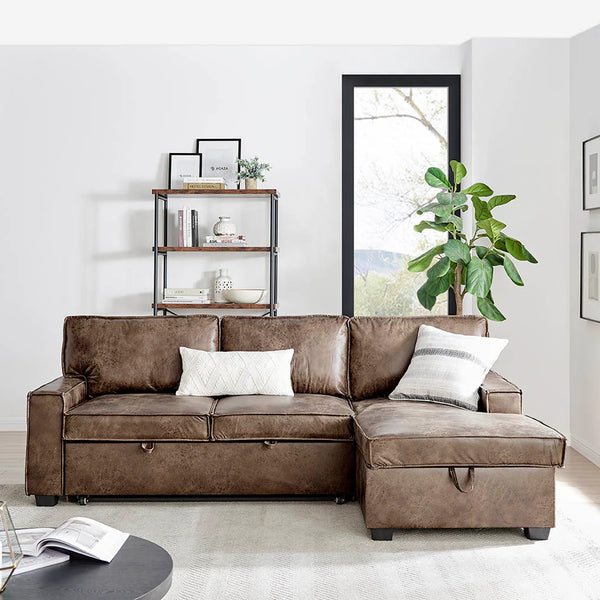 Havar corner sofa in luxurious, dark Leather Aire fabric, styled in a contemporary, clean living room setting at the furniture store ni