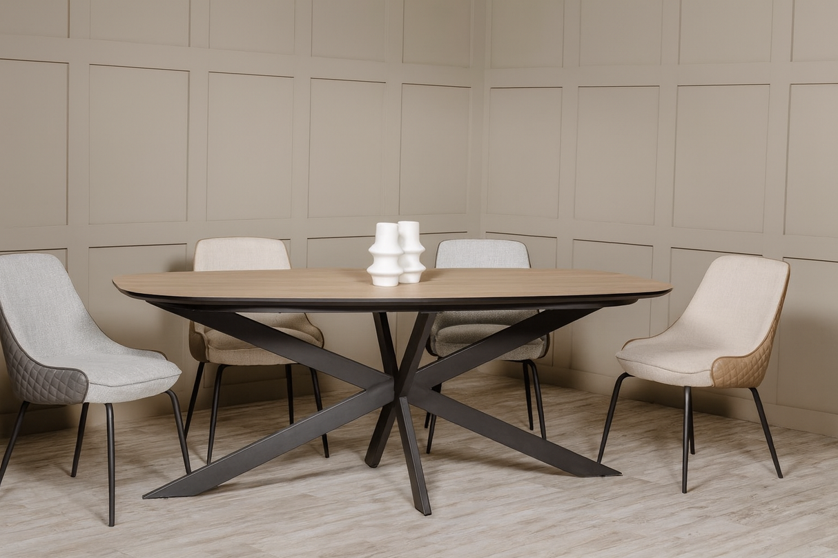 Sadia Dining Table 2m in Oak with 6 Sadia Chairs (grey)