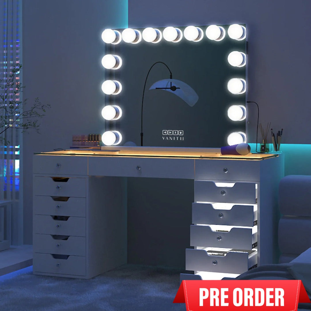 VANITII Eva Vanity Desk - 13 Storage Drawers with Full Light (doesn’t include mirror)