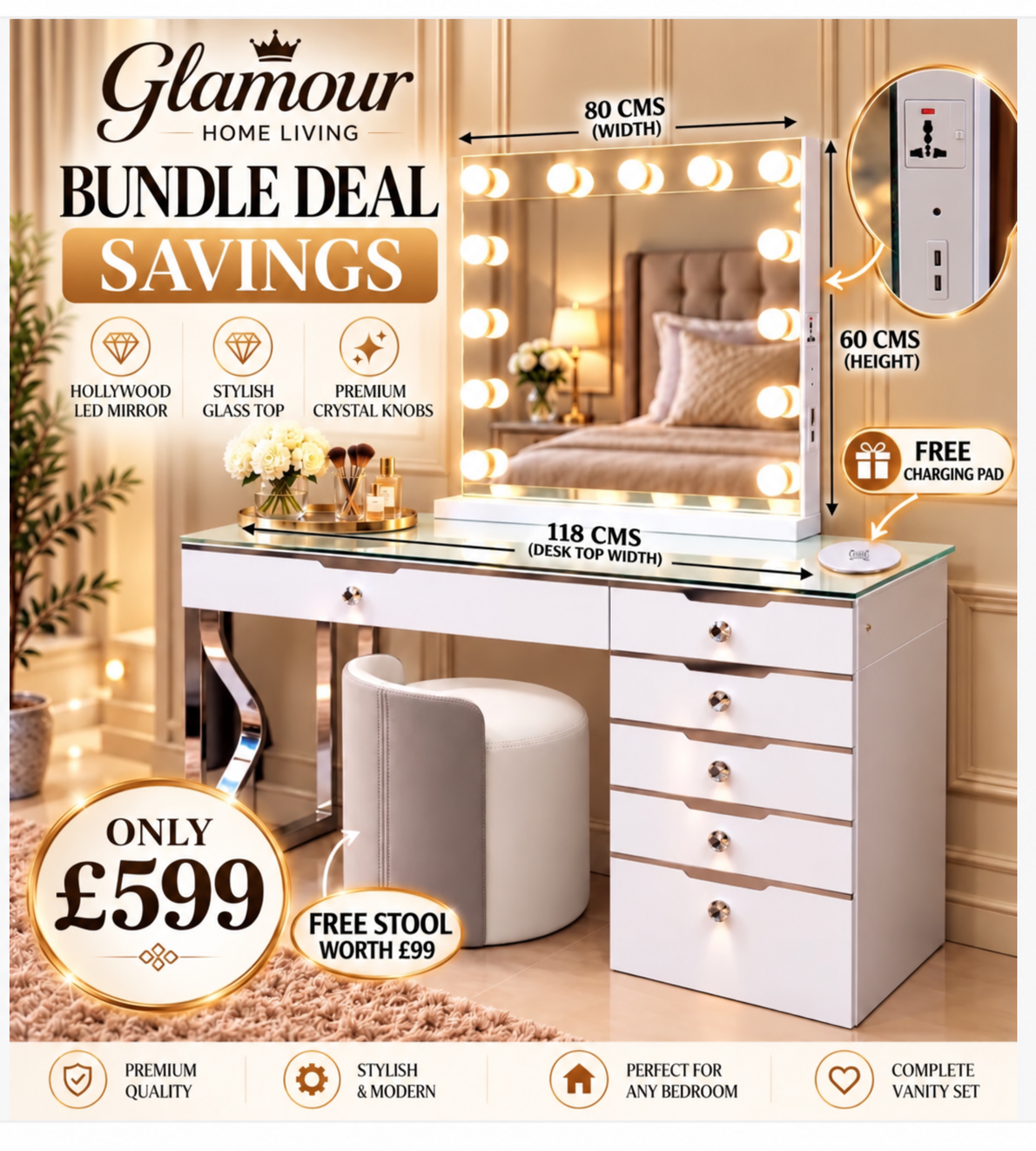 Glam 6 Drawer 118cm Dressing Table Bundle with LED Landscape Mirror and Free Swivel Stool
