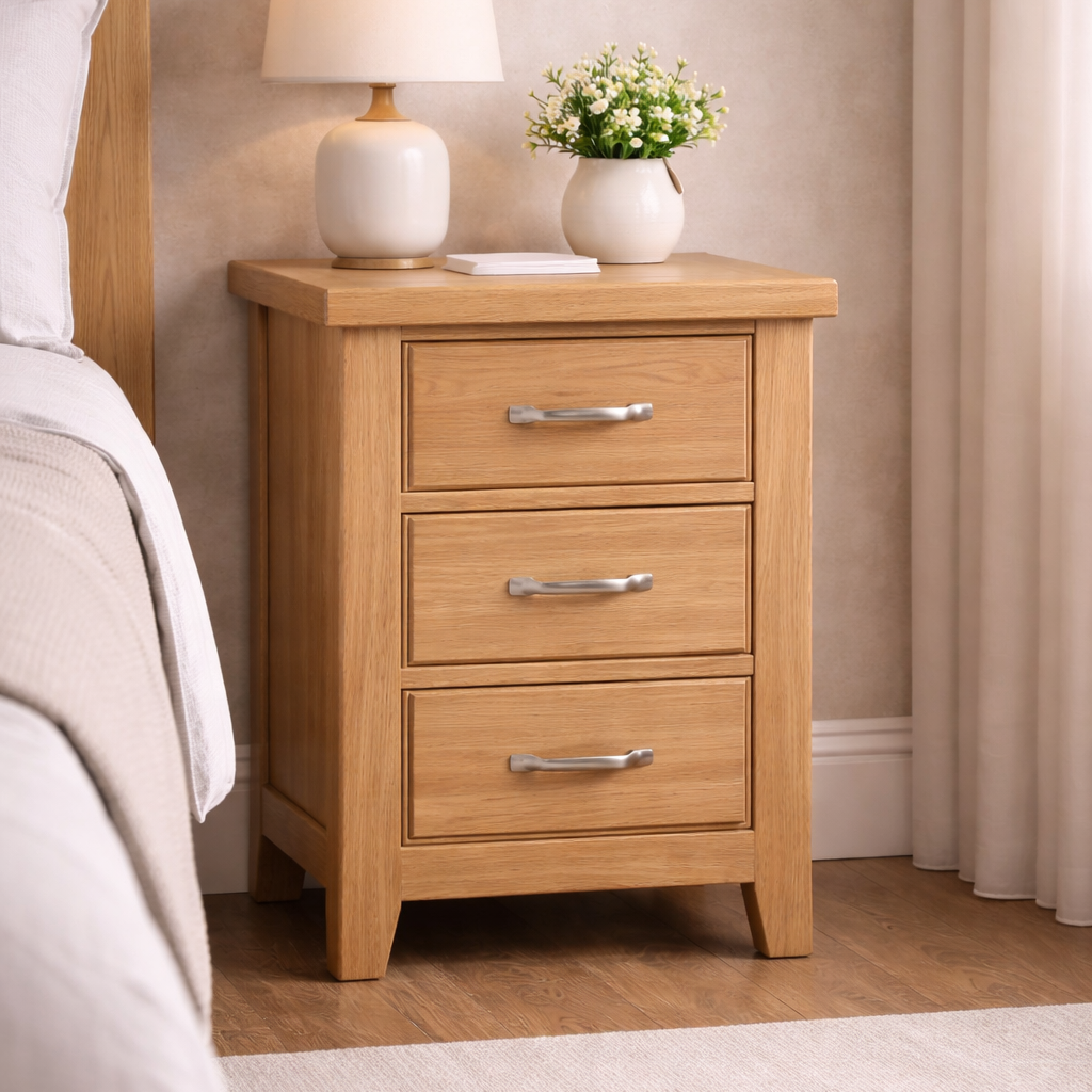 Wooden nightstand with two drawers, lamp, and flowers in a bedroom setting at the furniture store ni.