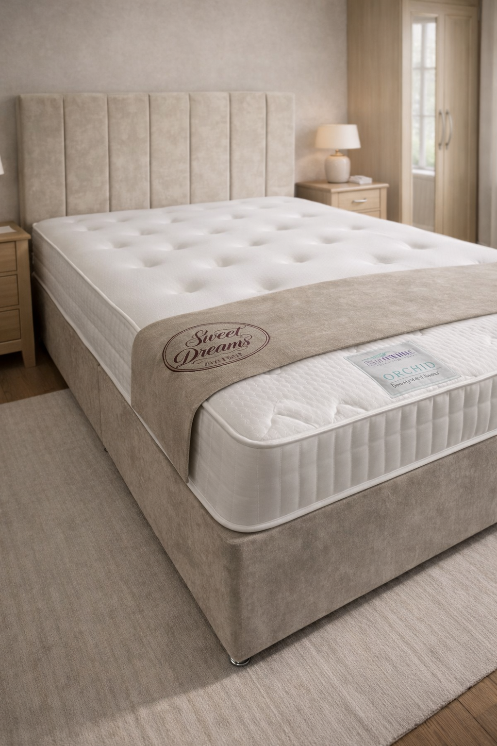 Double oatmeal divan headboard base and mattress