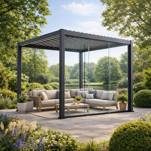 Pergola with glass sliding doors - glass doors 