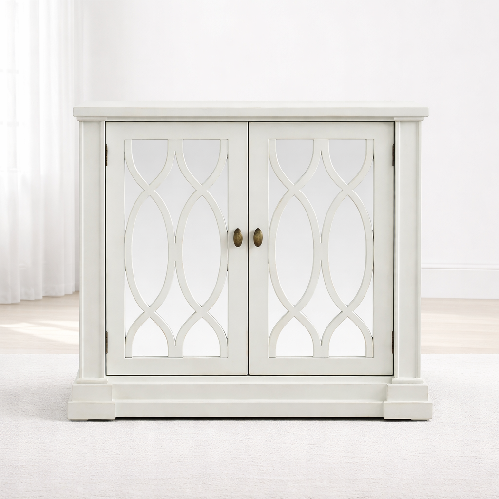 Modena 2-door sideboard with mirrored glass panels and an elegant repeating oval weave wood frame in a compact living area setting- Furniture Store NI