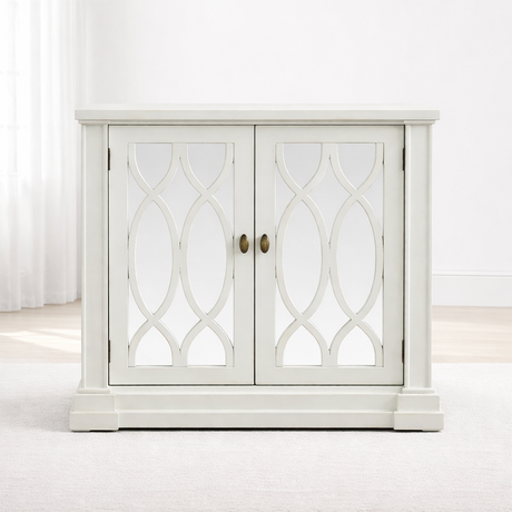 Modena 2-door sideboard with mirrored glass panels and an elegant repeating oval weave wood frame in a compact living area setting- Furniture Store NI