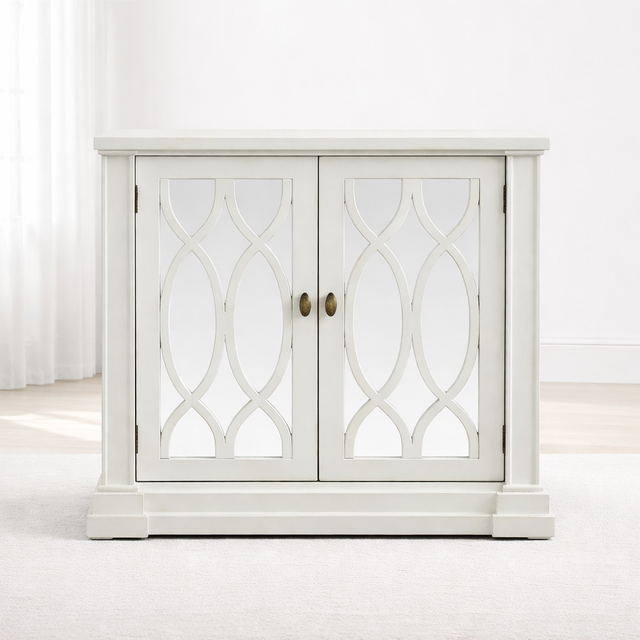 Modena 2-door sideboard with mirrored glass panels and an elegant repeating oval weave wood frame in a compact living area setting- Furniture Store NI
