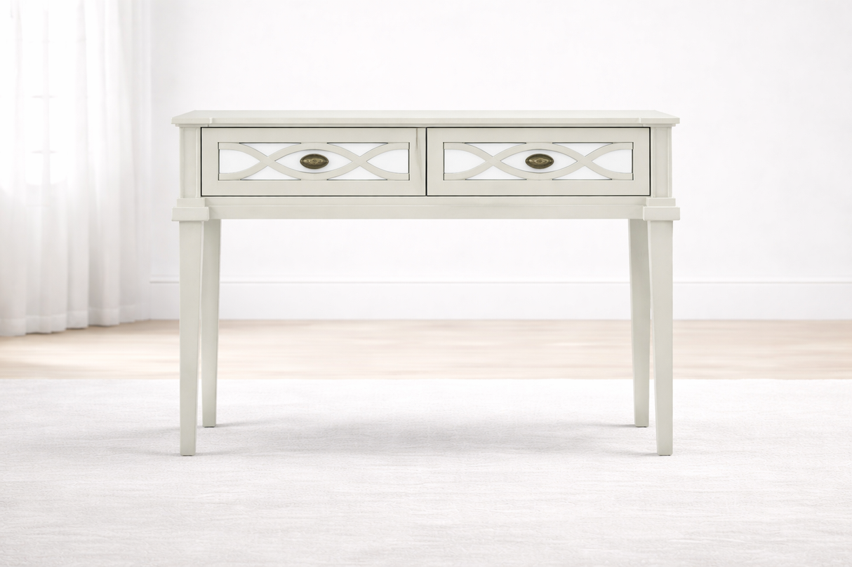Modena console table featuring mirrored glass panels and an elegant repeating oval weave wood frame, perfect for a modern luxury entryway - Furniture Store NI