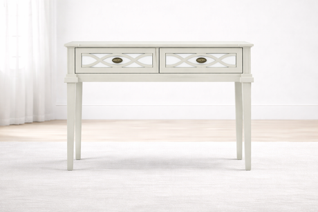 Modena console table featuring mirrored glass panels and an elegant repeating oval weave wood frame, perfect for a modern luxury entryway - Furniture Store NI