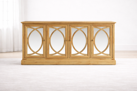 Elegant Parker sideboard with mirrored glass doors and a repeating oval weave wood frame in a bright, modern living room setting. Furniture Store NI
