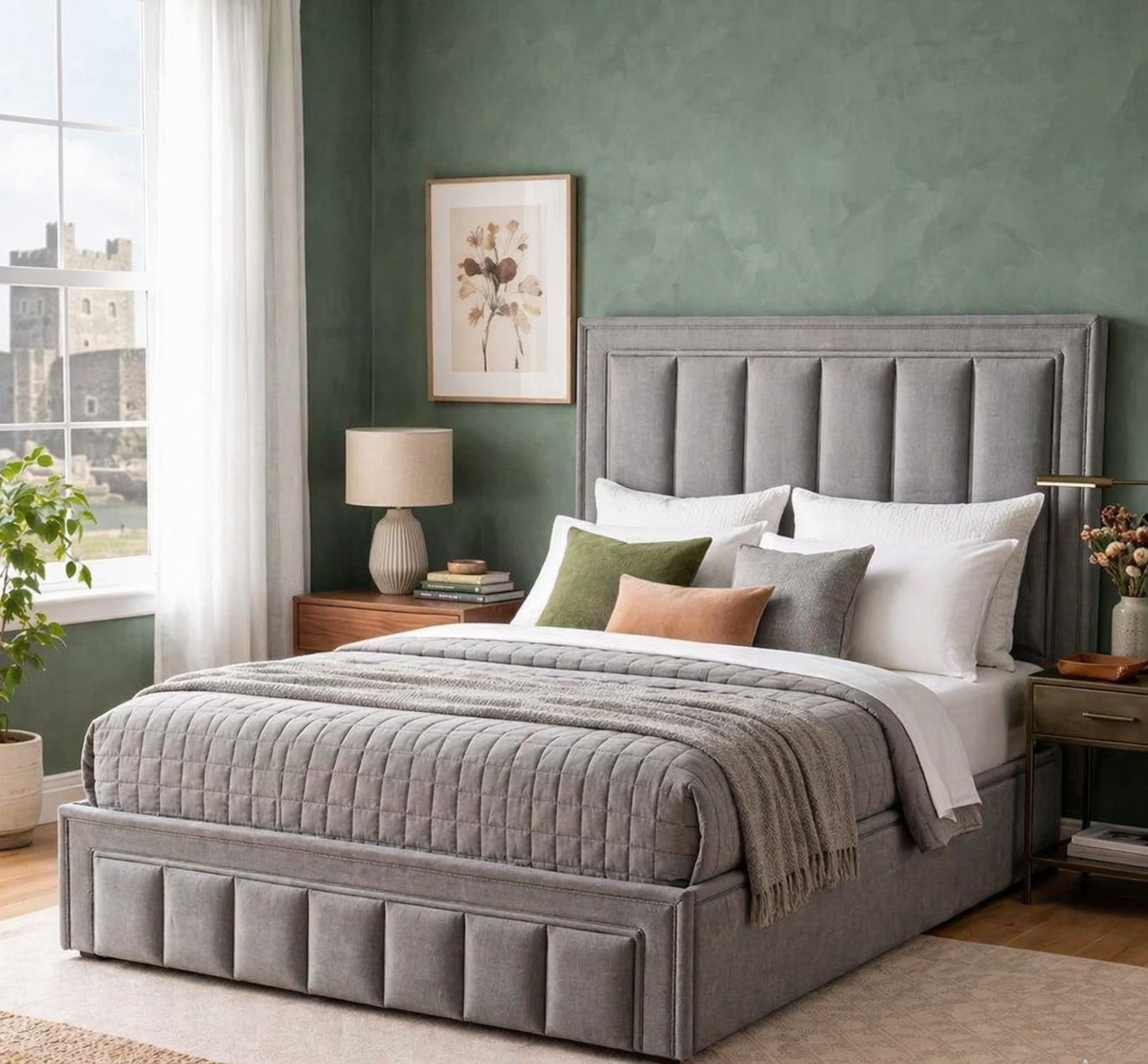 Amelia double grey bedframe in modern setting at the furniture store ni