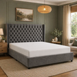 Colette ottoman storage bed in plush dark grey fabric, featuring a button-tufted wingback headboard at furniture store ni