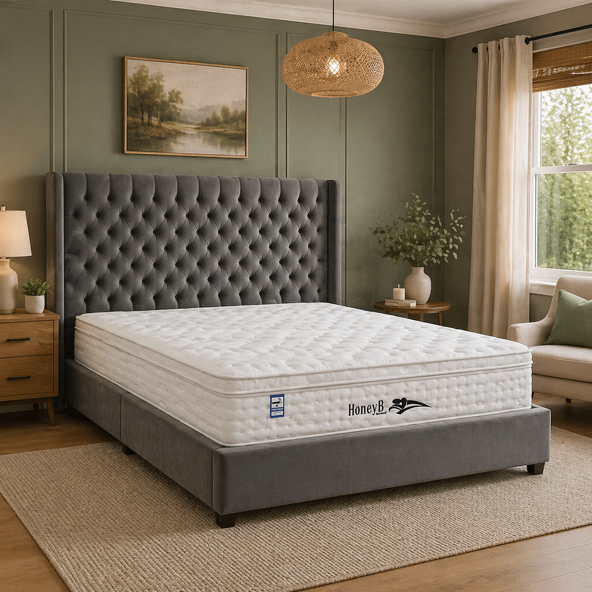 Premium 2000 pocket spring mattress with a plush box top, shown in a clean, modern bedroom setting at furniture store ni