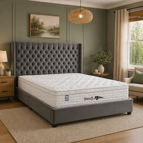 Premium 2000 pocket spring mattress with a plush box top, shown in a clean, modern bedroom setting at furniture store ni