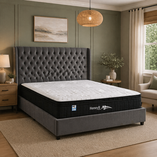 Sapphire pillow top pocket-sprung mattress with soft-touch fabric, presented in a clean bedroom setting at furniture store ni